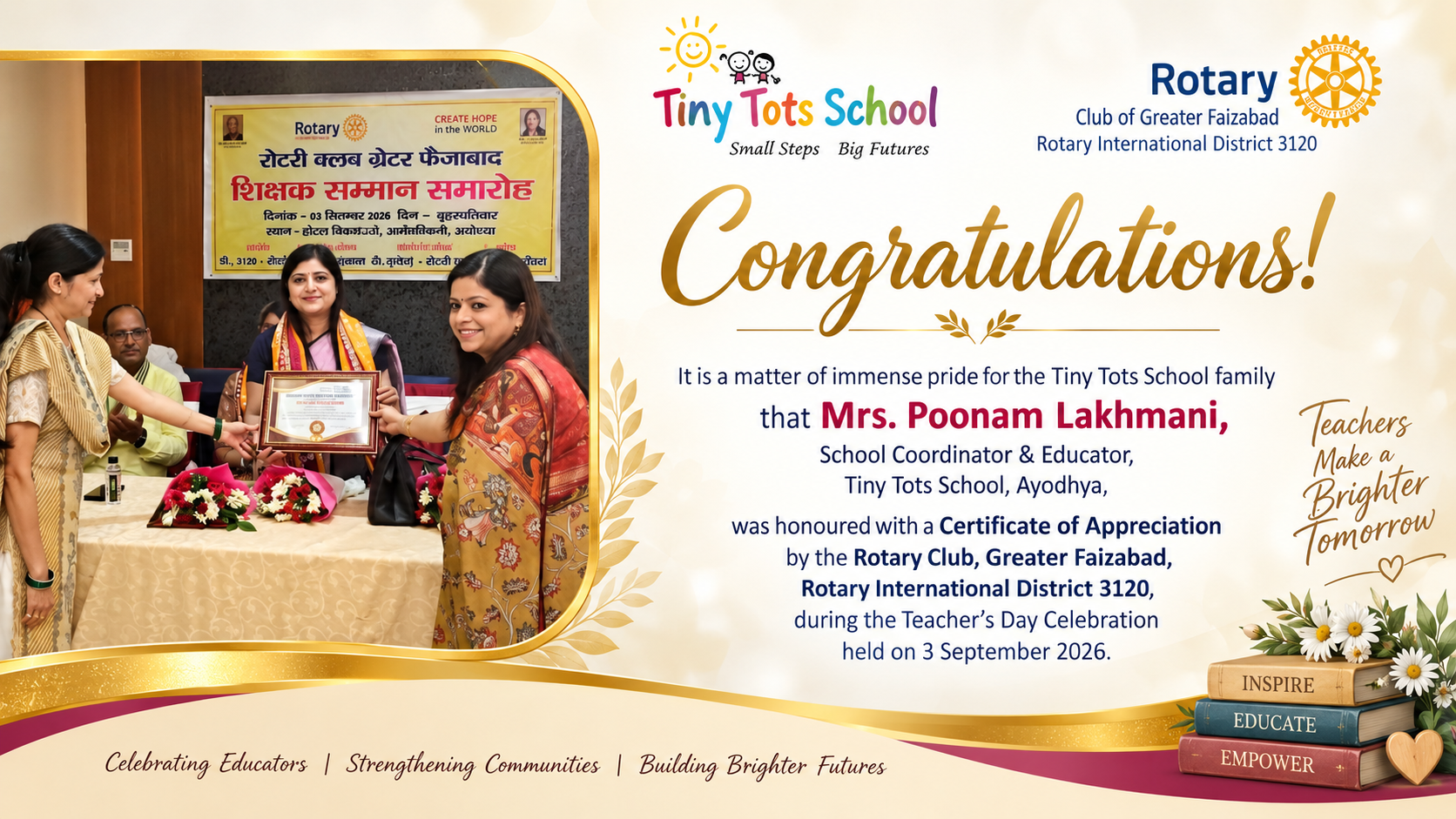 Rotary Club Appreciation Certificate on Teacher's Day.